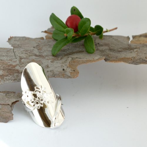 Hopeinen kokolusikkasormus, jossa koristeena lemmikkejä