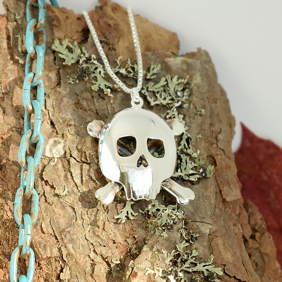 Kuvassa on hopeinen pääkallo ja ristikkäiset luut merirosvolipun tapaan.