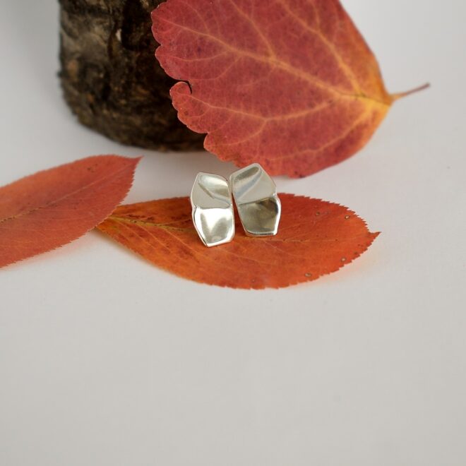 Kuvassa tappimalliset hopeiset korvakorut, jotka muistuttavat perhosen siipiä.